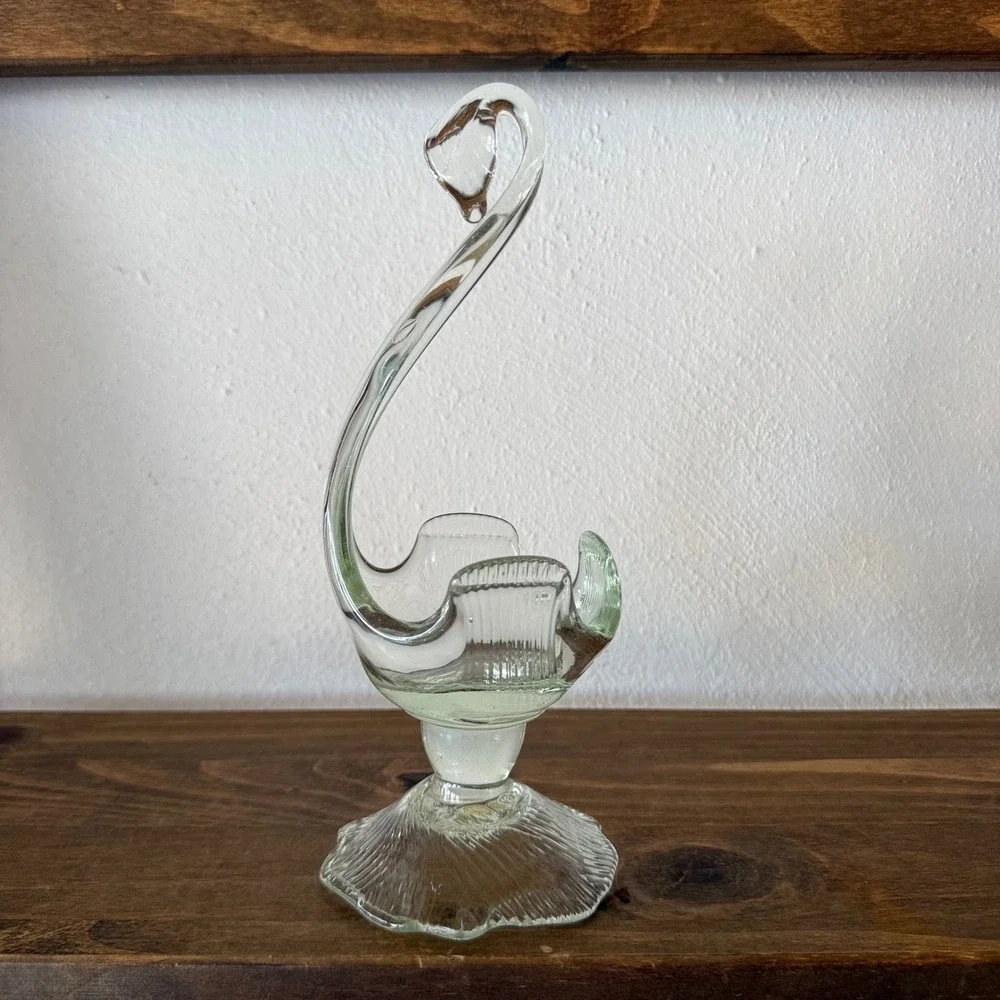 Vintage Hand Blown Art Glass Swan Pedestal Bowl Pale Green Tint Ribbed